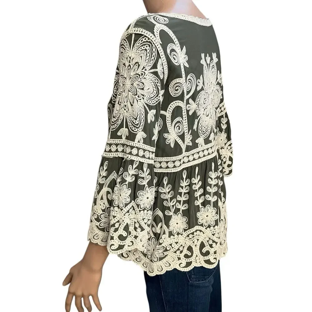 Ana And Rose Floral Embroidered Babydoll Blouse Size S/M Boho Bell Sleeve Flowy - Picture 2 of 7